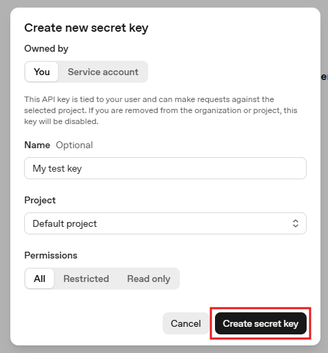 OpenAI window for creating a new secret API key